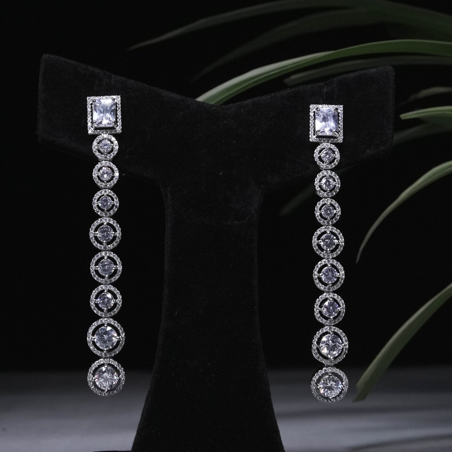 Elegant Long Drop Earrings with Square and Round Crystal Accents