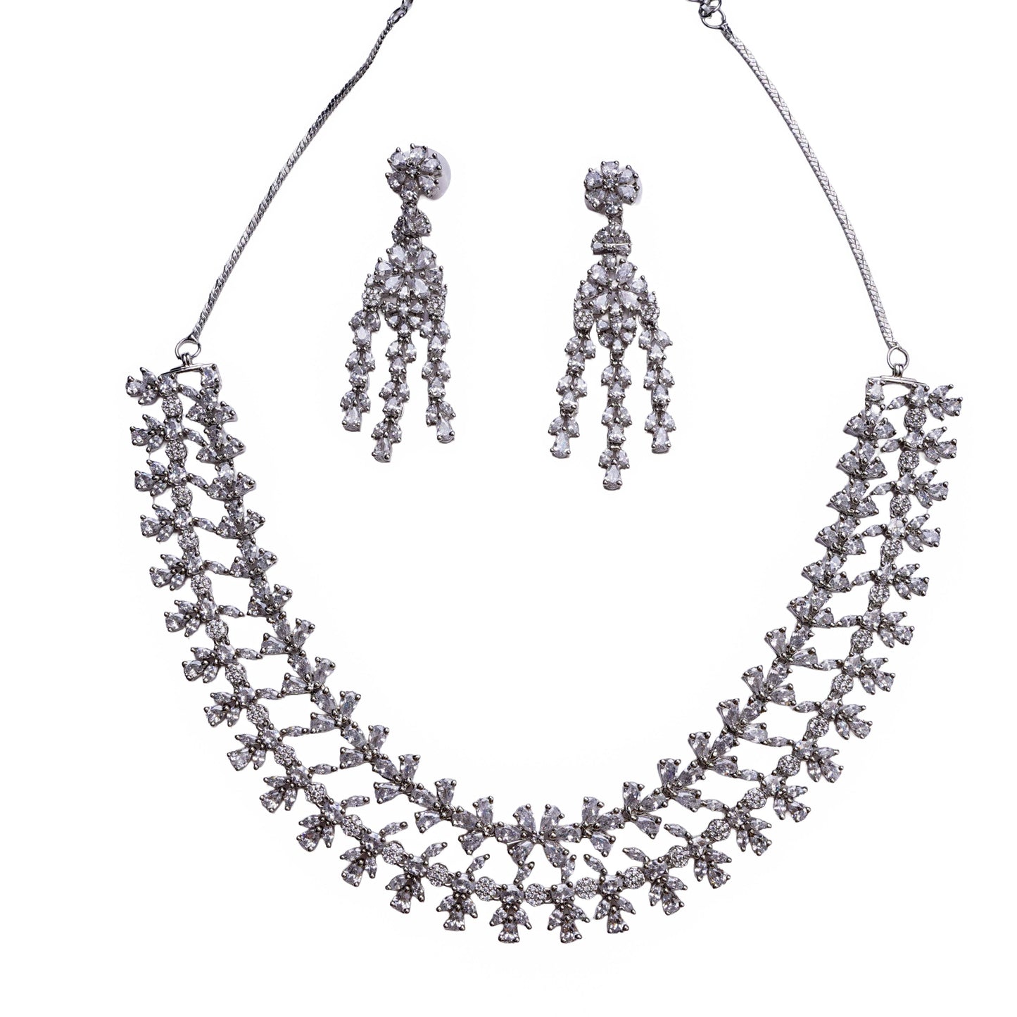 Necklace and earring set with floral motif clear stones in double-layered design on white background