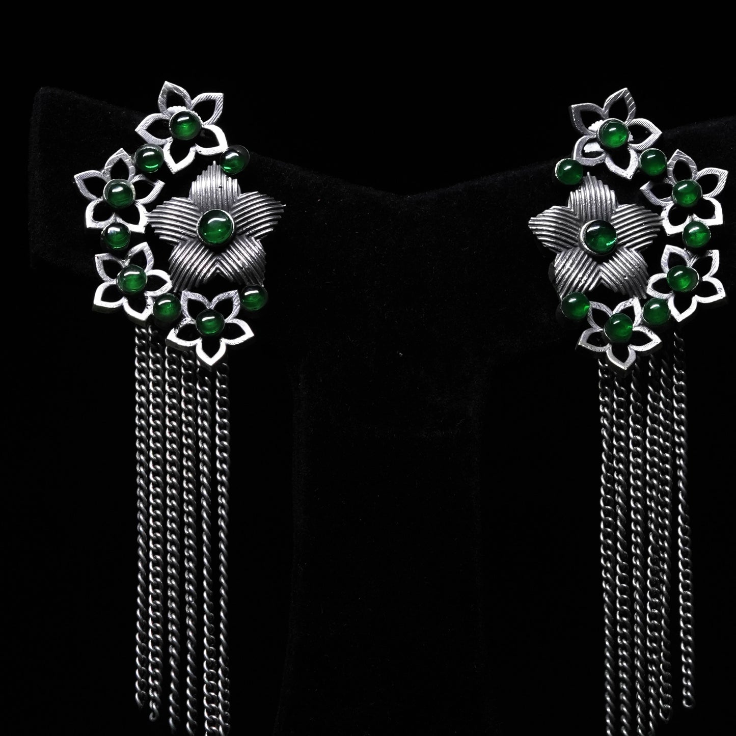 Oxidized Floral Tassel Earrings with Green Bead Accents