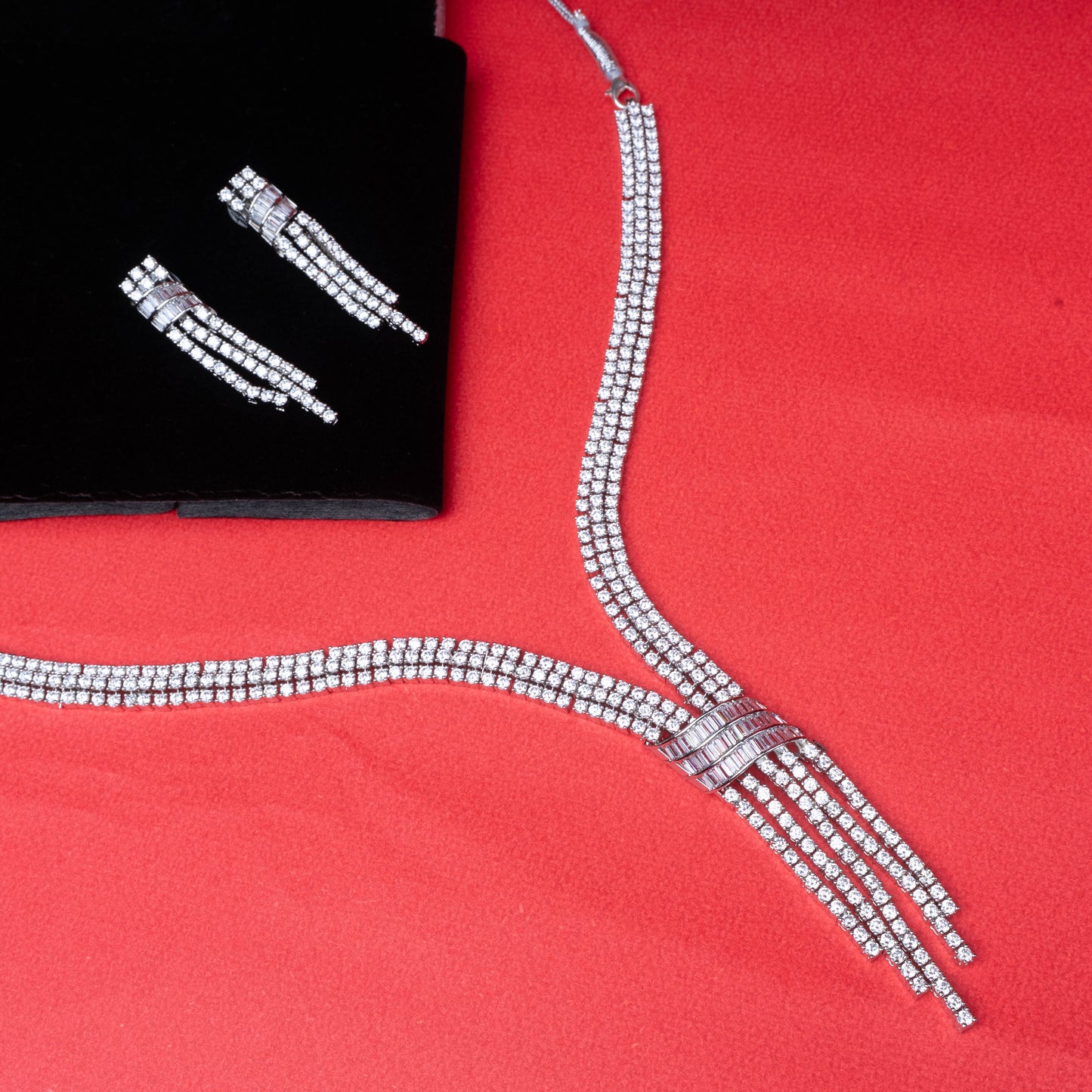 Crystal fringe tassel necklace set with matching earrings second view - Revaaj