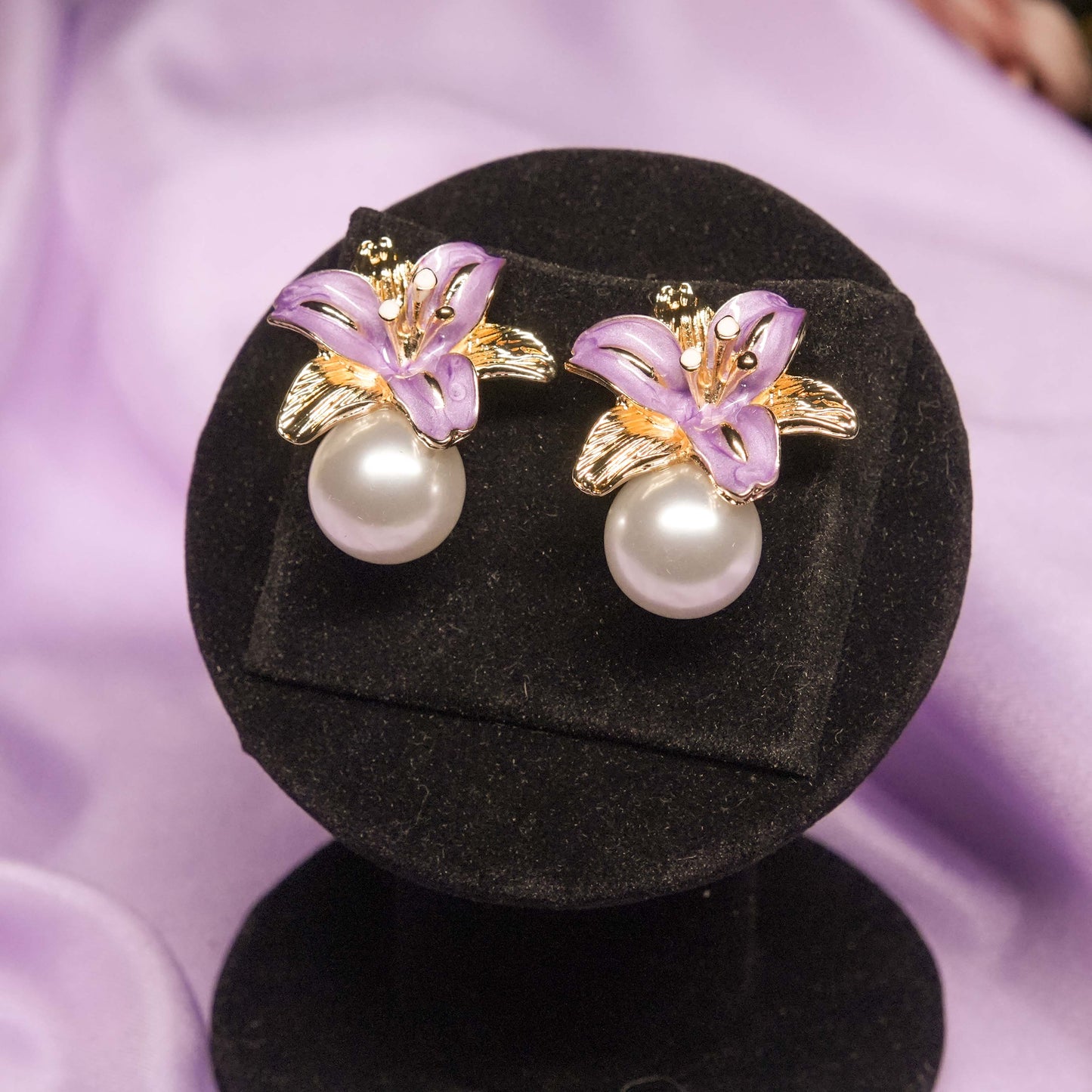 Purple Floral Pearl Stud Earrings