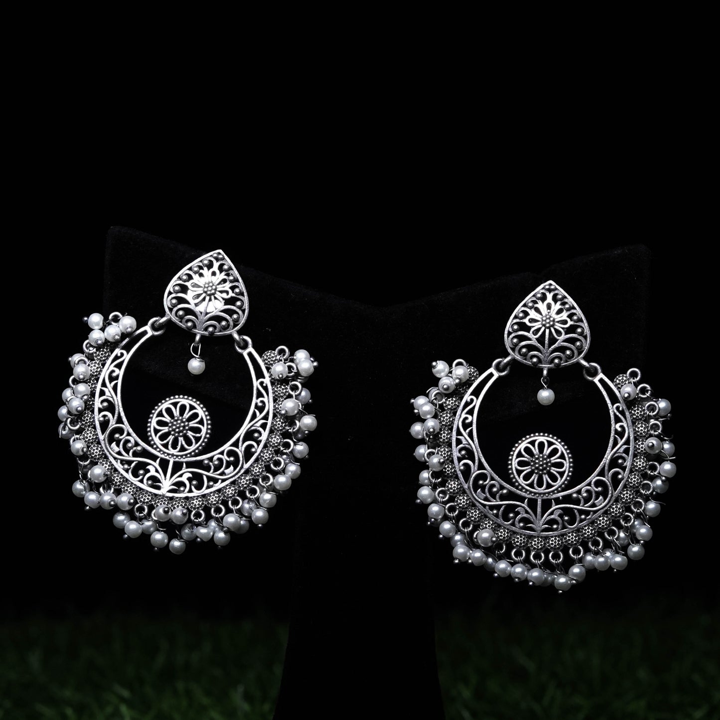 Oxidized Silver Chandbali Earrings with Pearl Beads