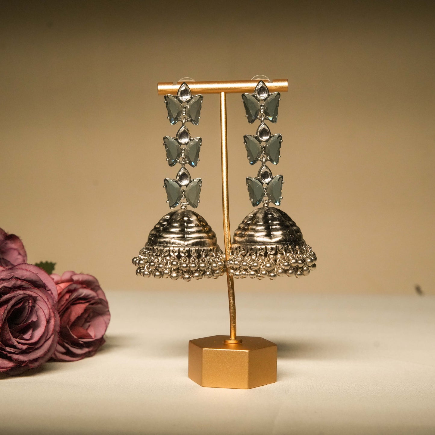 Butterfly Design Oxidized Silver Jhumka Earrings