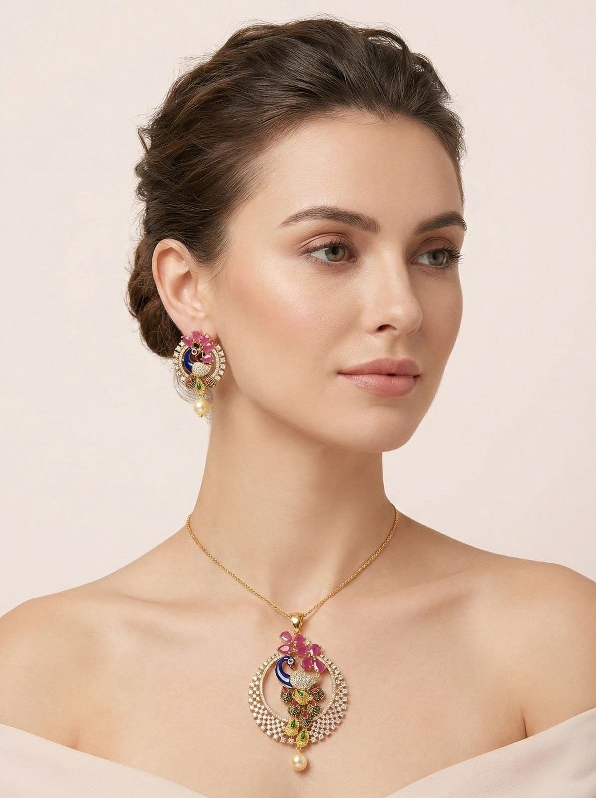 Gold-Tone Peacock Design Pendant Set with Earrings