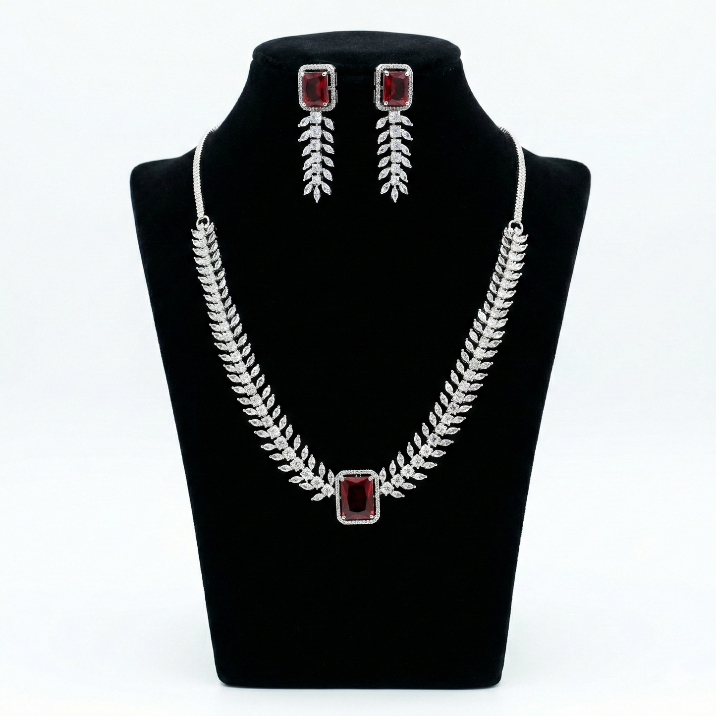 Premium Silver American Diamond Necklace Set with Red Emerald-Cut Stone & Matching Earrings | Wedding & Party Jewelry for Women