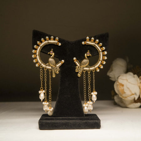 Antique Gold Peacock Chandbali Earrings with Pearl Drops