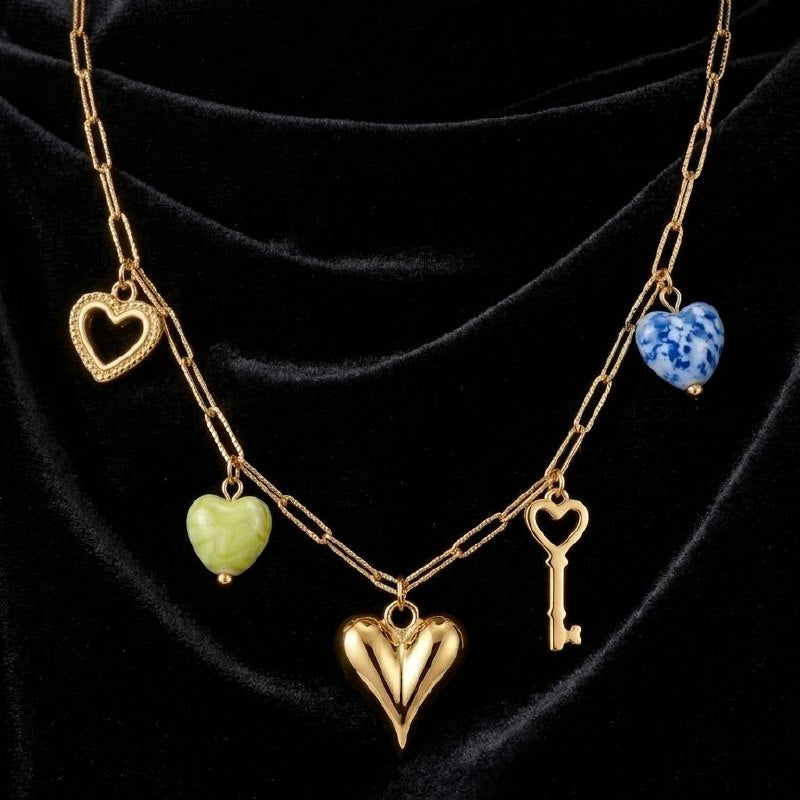 Heart & Key Gold Plated Charm Necklace | Revaaj
