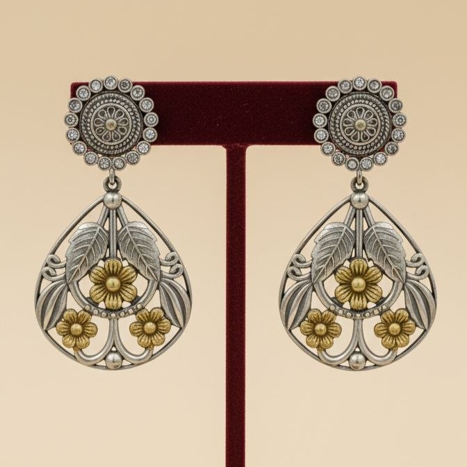 Vintage two-tone silver and gold floral teardrop earrings with leaf motifs and stud post back 3
