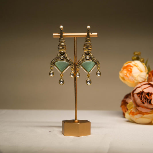Temple Design Mint Drop Earrings with Kundan Accents