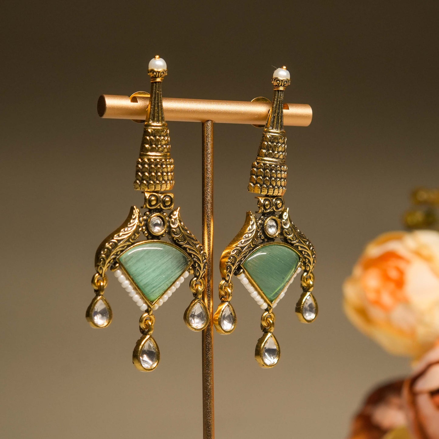 Temple Design Mint Drop Earrings with Kundan Accents