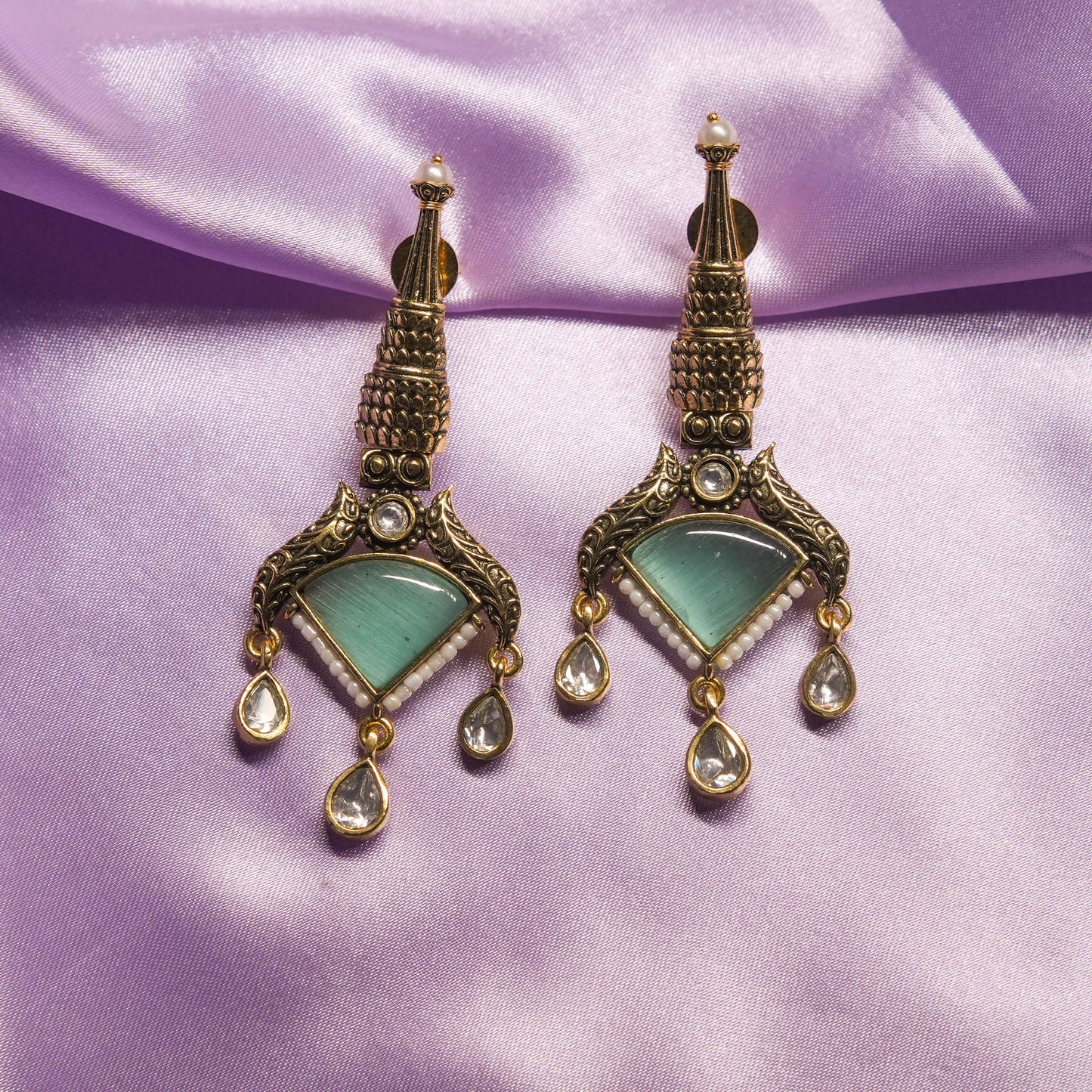 Temple Design Mint Drop Earrings with Kundan Accents