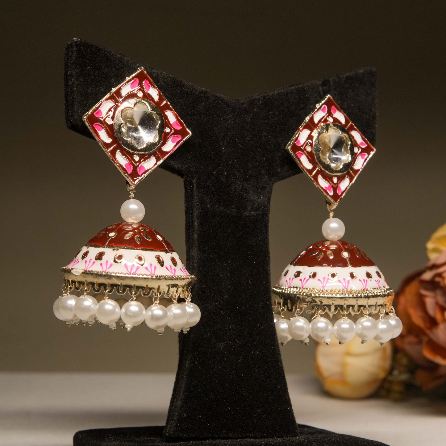Rajasthani Enamel Jhumka Earrings with Pearl Trim