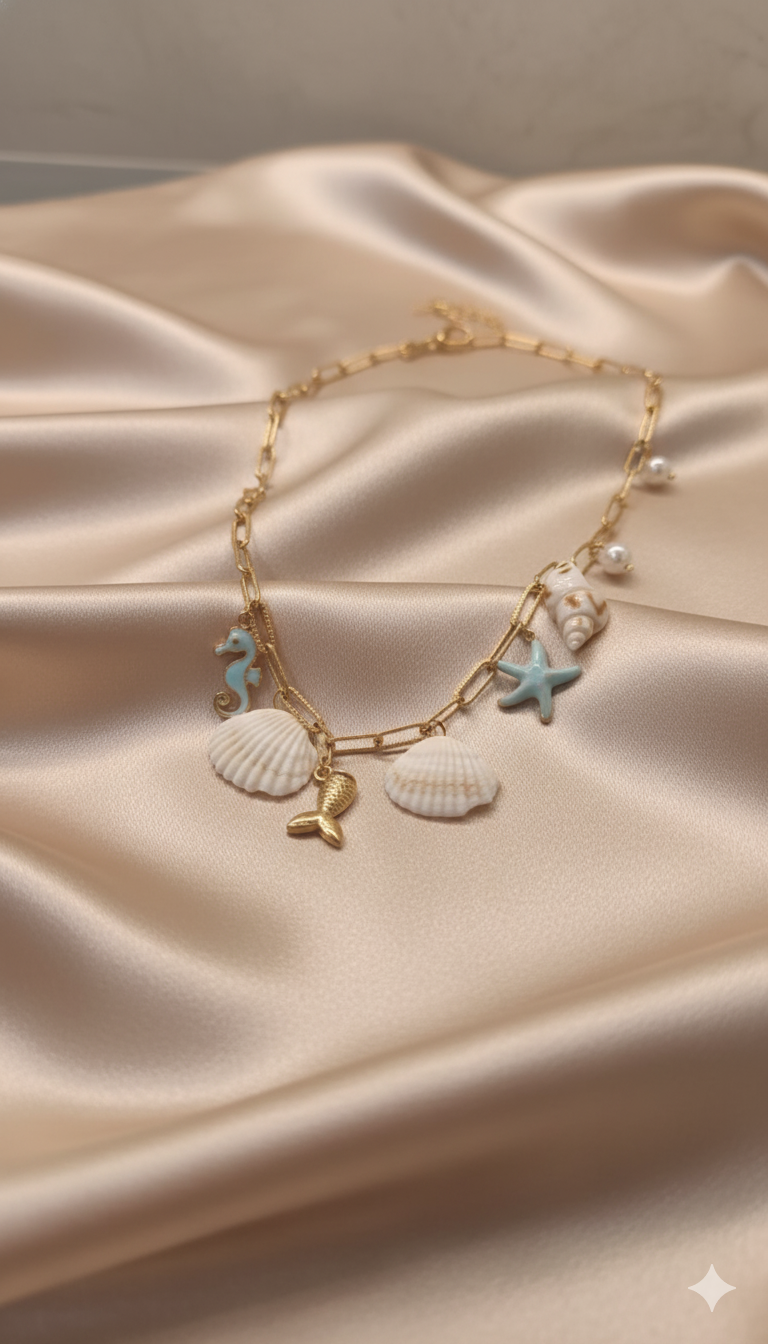 Gold-Plated Ocean Charm Necklace with Seashell, Starfish, and Seahorse Pendants