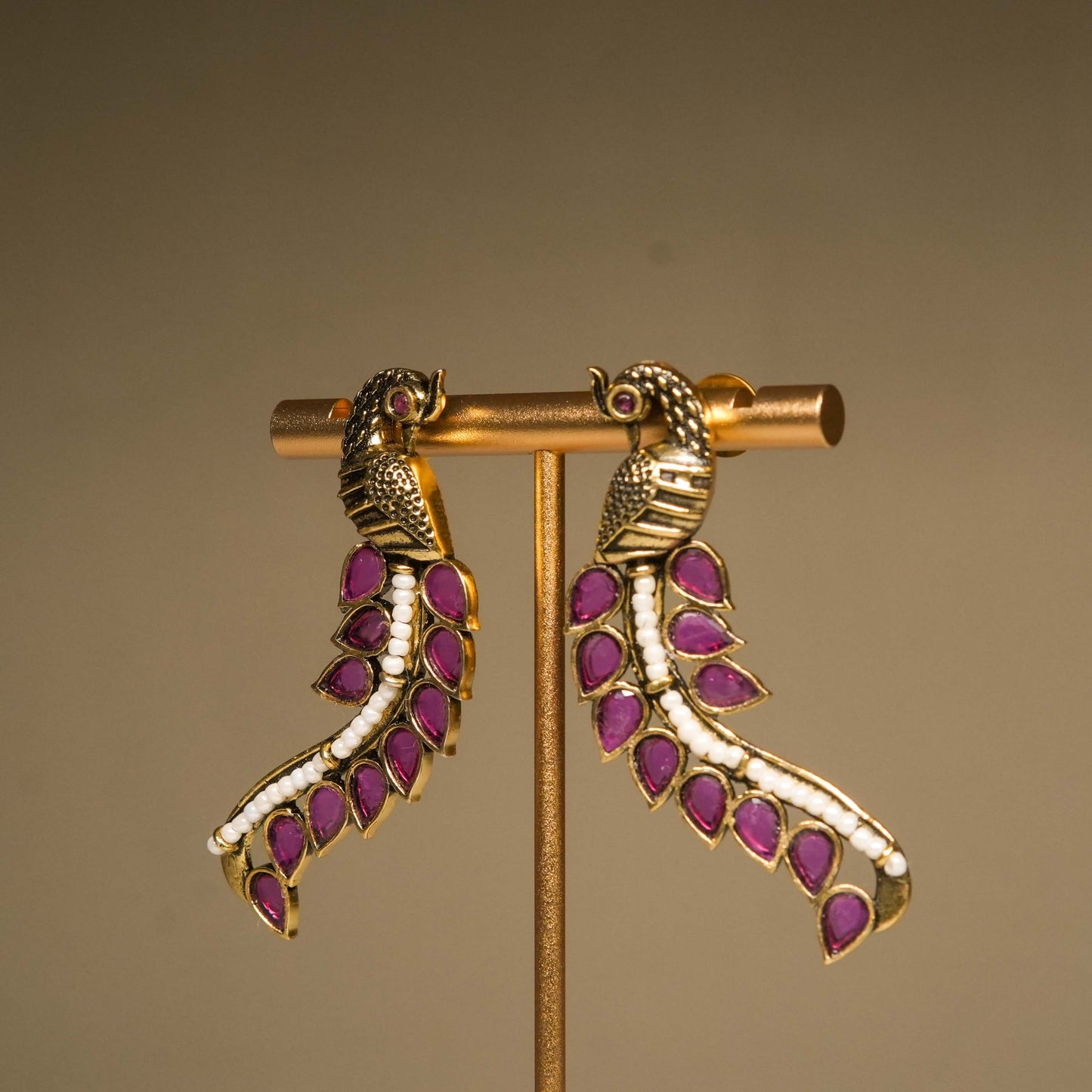 Antique Peacock Drop Earrings with Magenta Stones