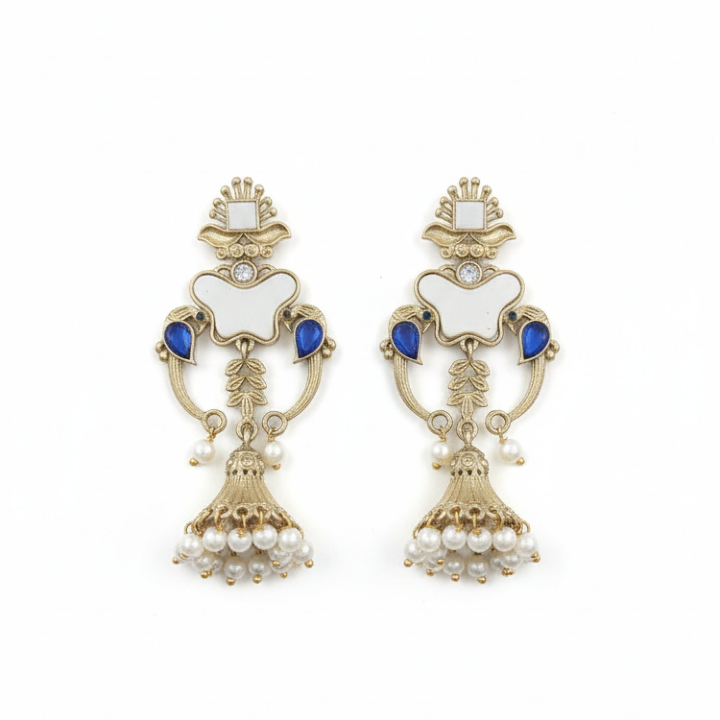 Gold-Plated Royal Blue and White Enamel Jhumka Earrings with Pearl Drops ground