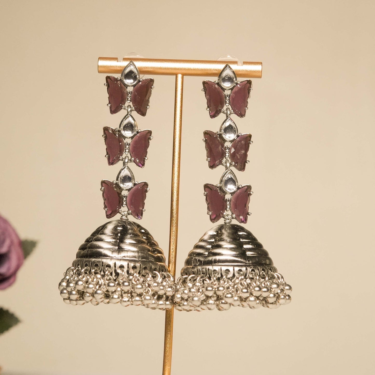 Purple Butterfly Charm Silver Jhumka Earrings