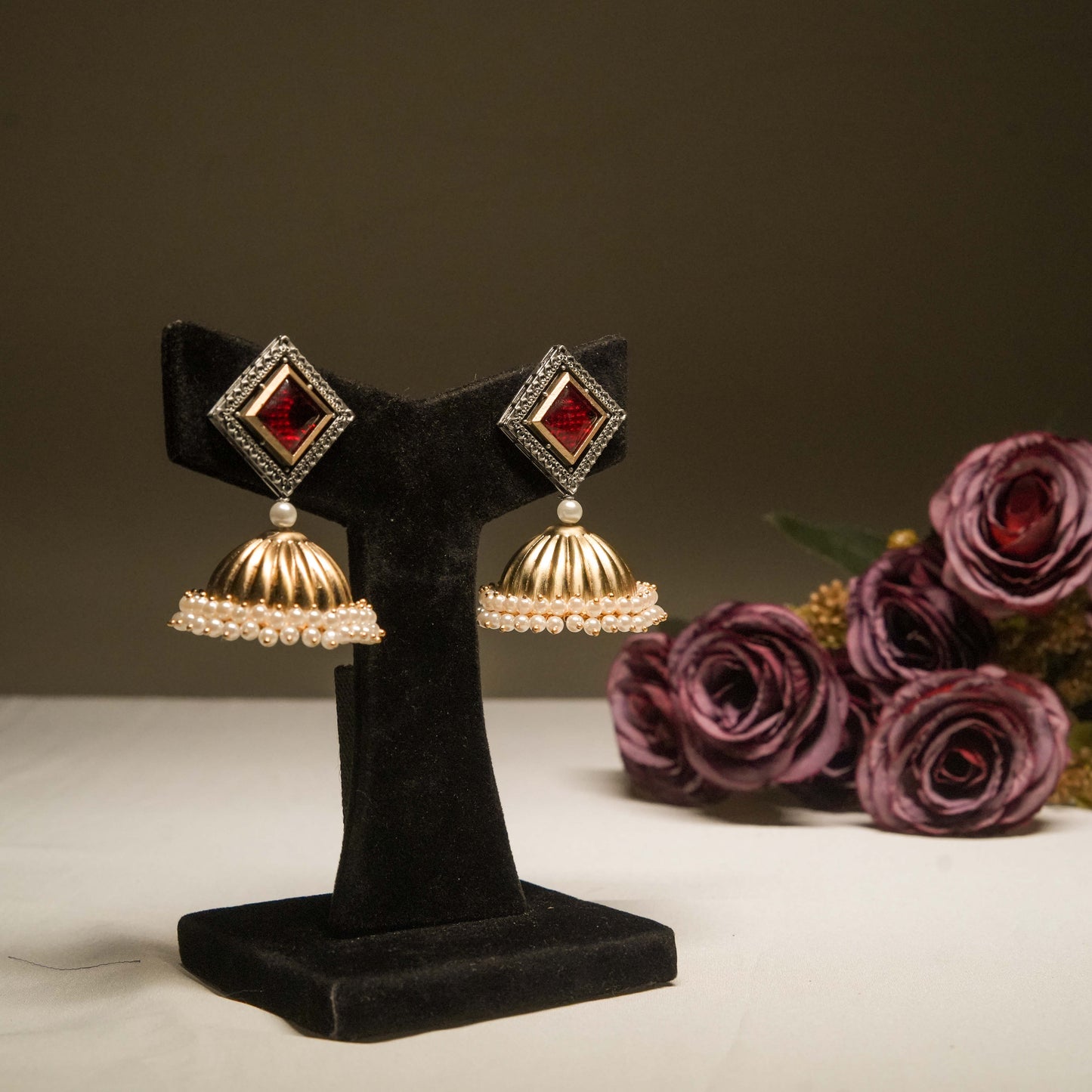 Red Square Stud Dome Jhumka Earrings