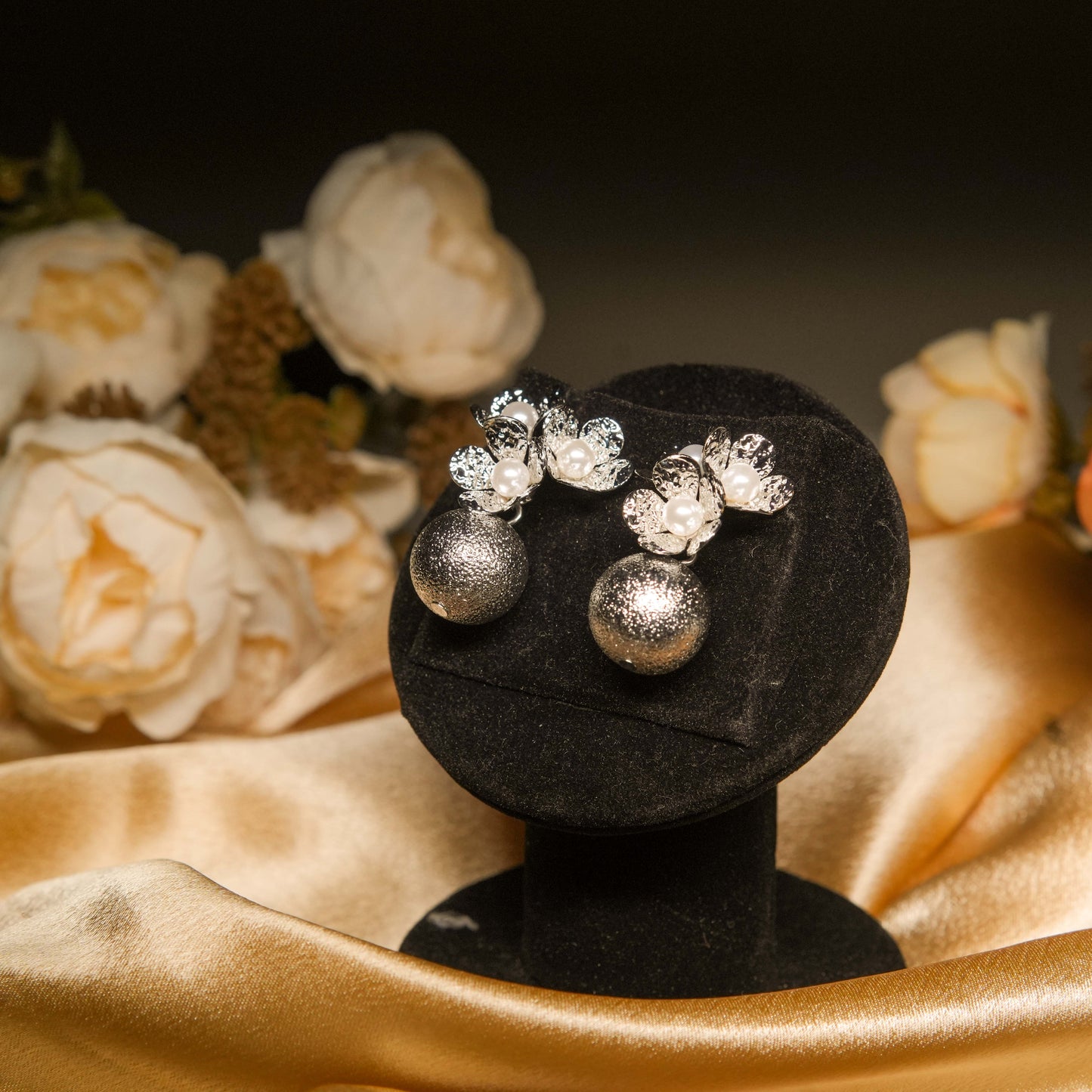 Crystal Floral Stud Earrings with Pearl Ball Drop