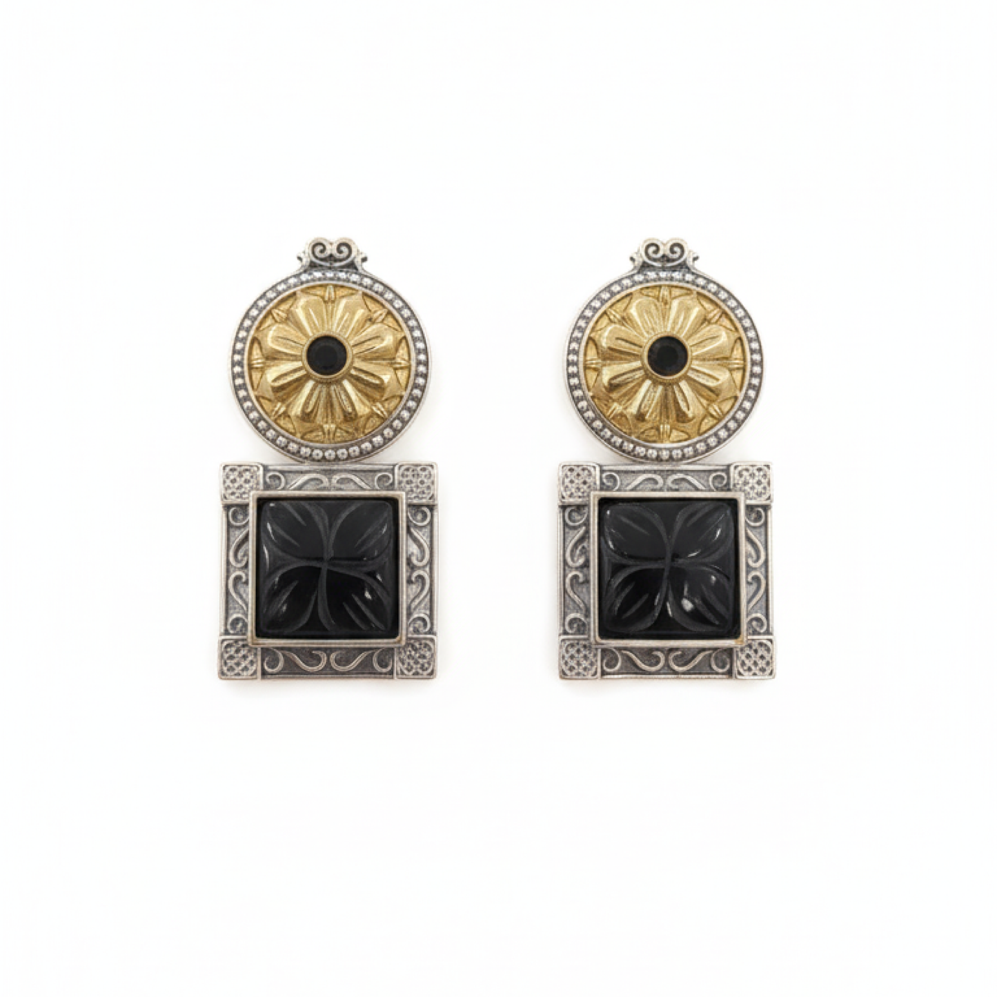 Antique Silver and Gold Floral Earrings with Black Carved Square Stone Design ground