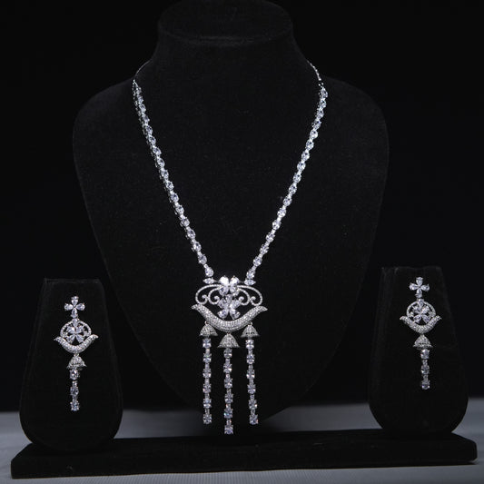 Cascade Royale Rhodium-Plated Tassel CZ Necklace & Earrings Set