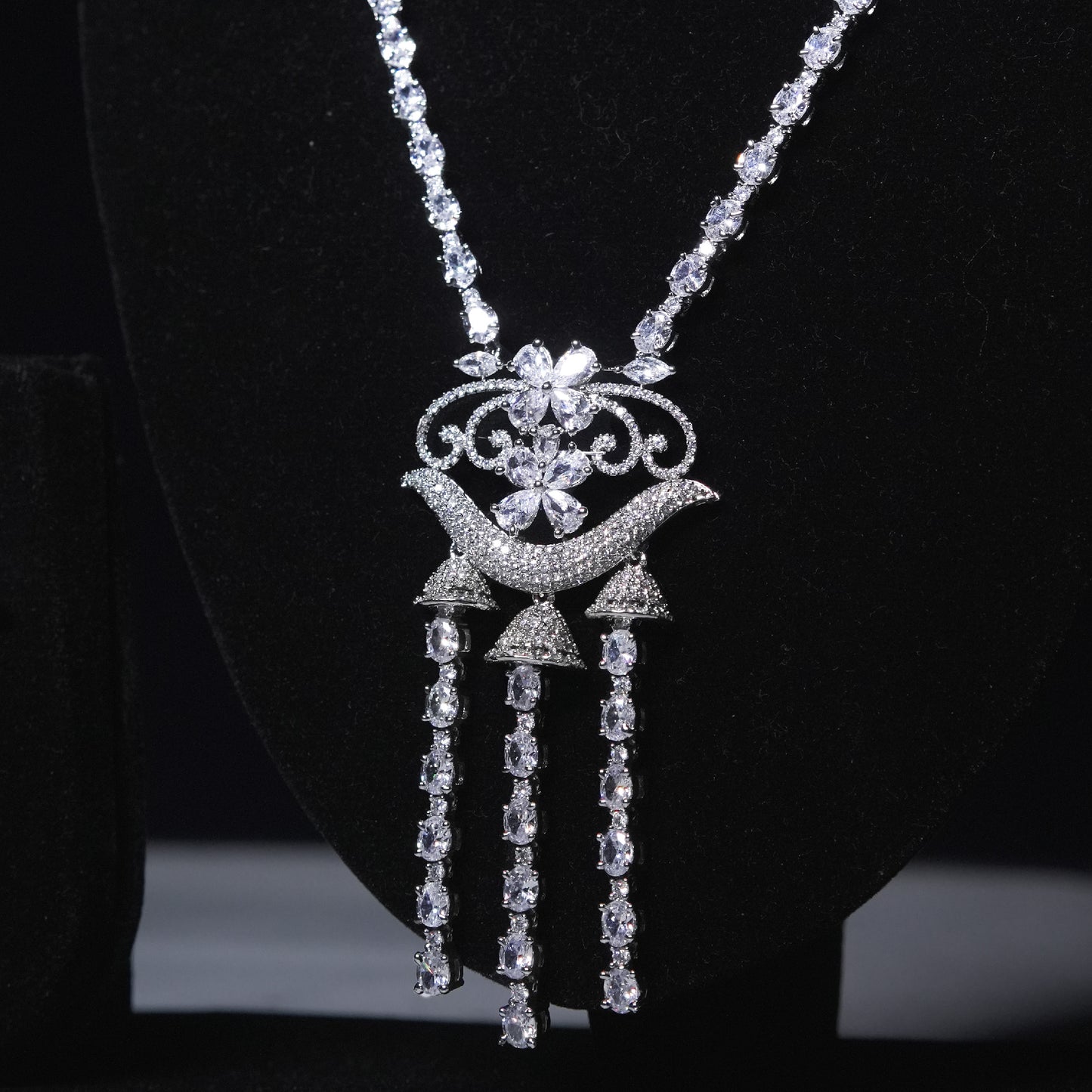 Cascade Royale Rhodium-Plated Tassel CZ Necklace & Earrings Set