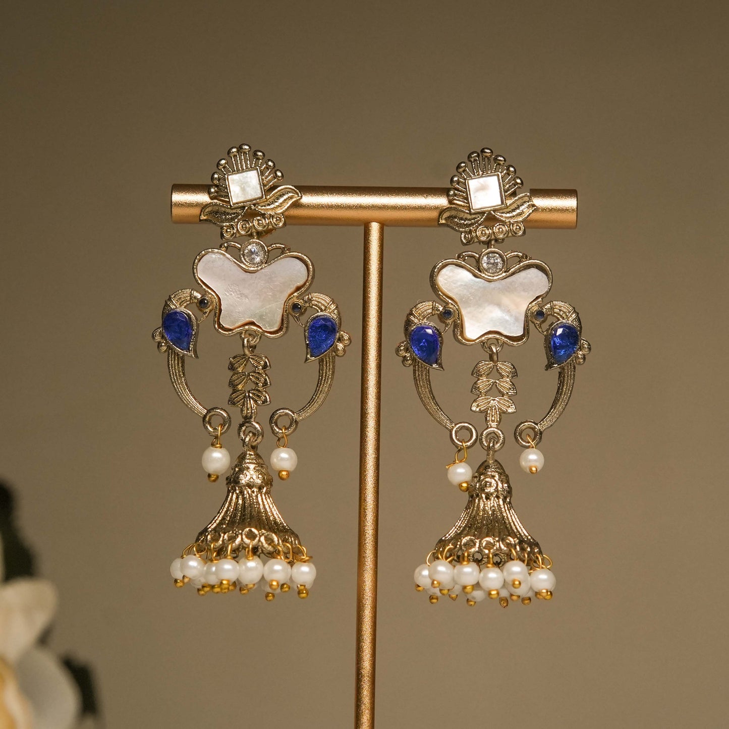 Royal Blue Kundan Pearl Drop Earrings