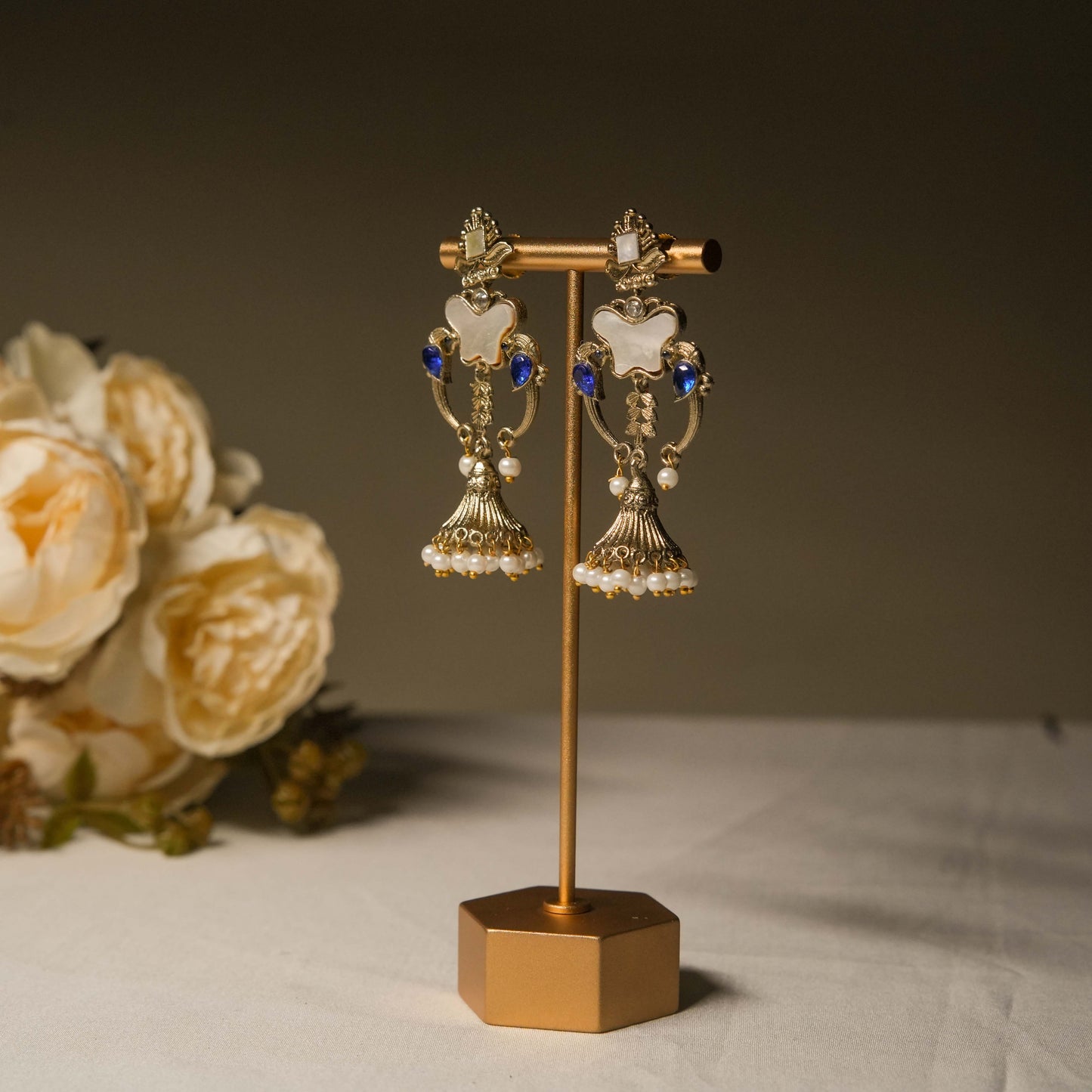 Royal Blue Kundan Pearl Drop Earrings