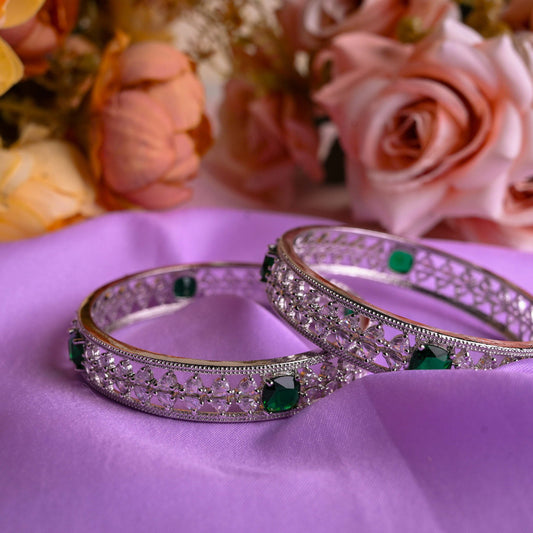 Silver-Tone Diamond-Cut Bangles with Emerald Green Stones