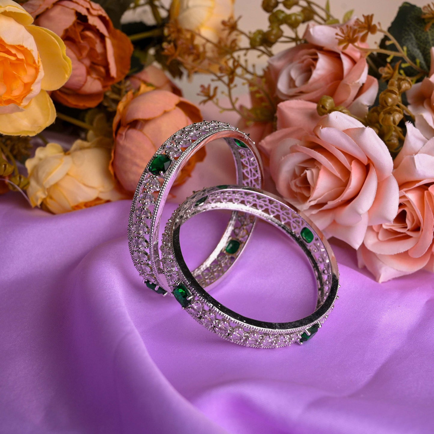 Silver-Tone Diamond-Cut Bangles with Emerald Green Stones