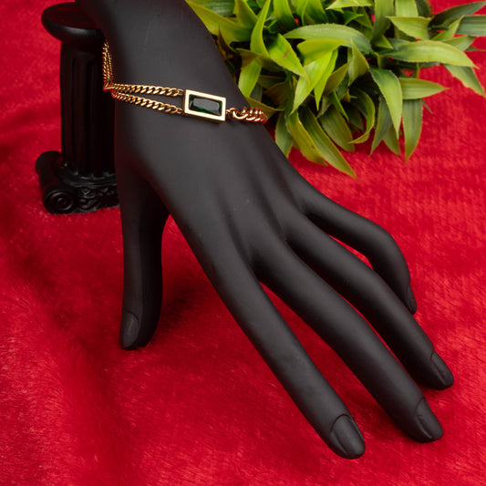 Golden color dual chain bracelet with rectangular green stone – Revaaj