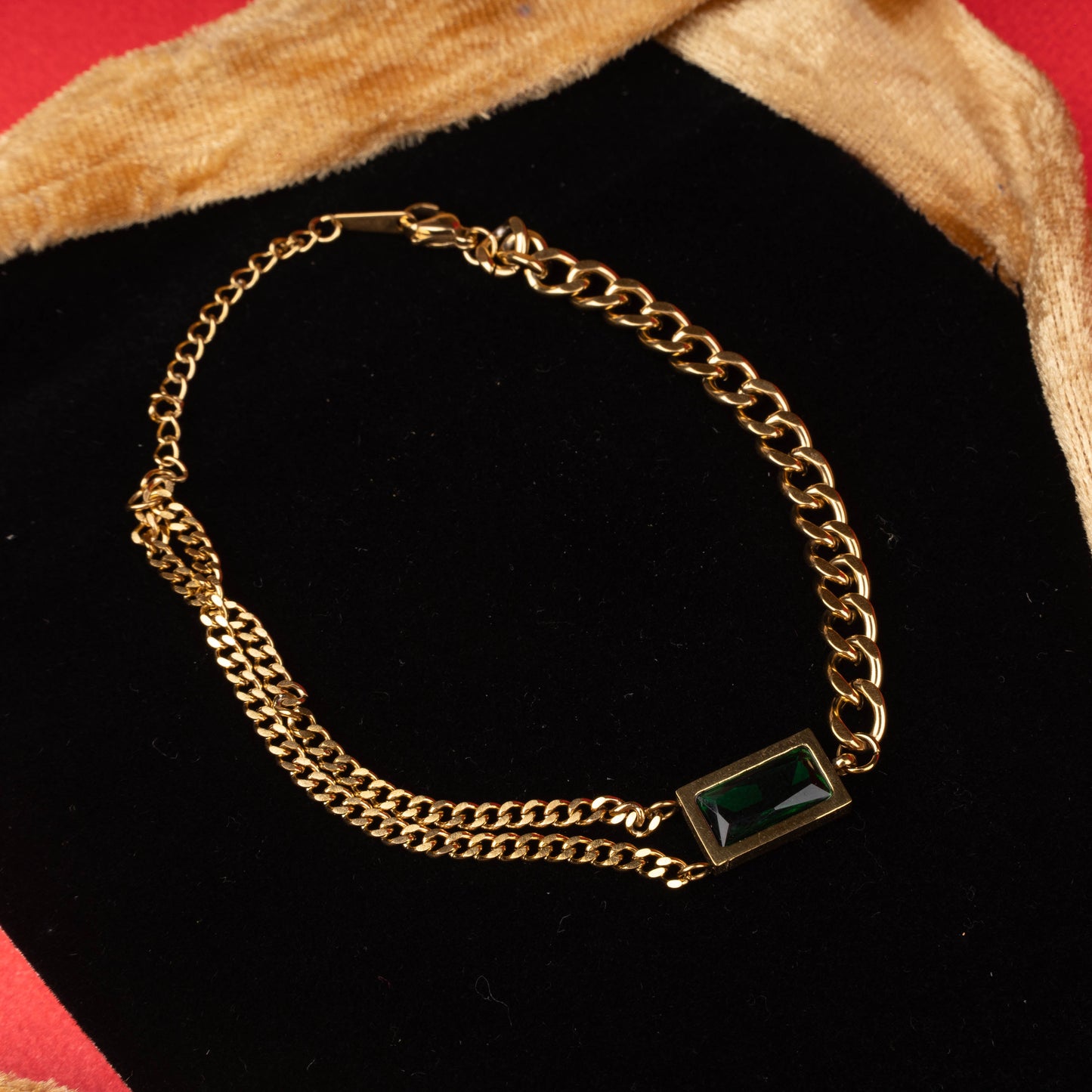 Golden color dual chain bracelet with rectangular green stone zoomed view – Revaaj
