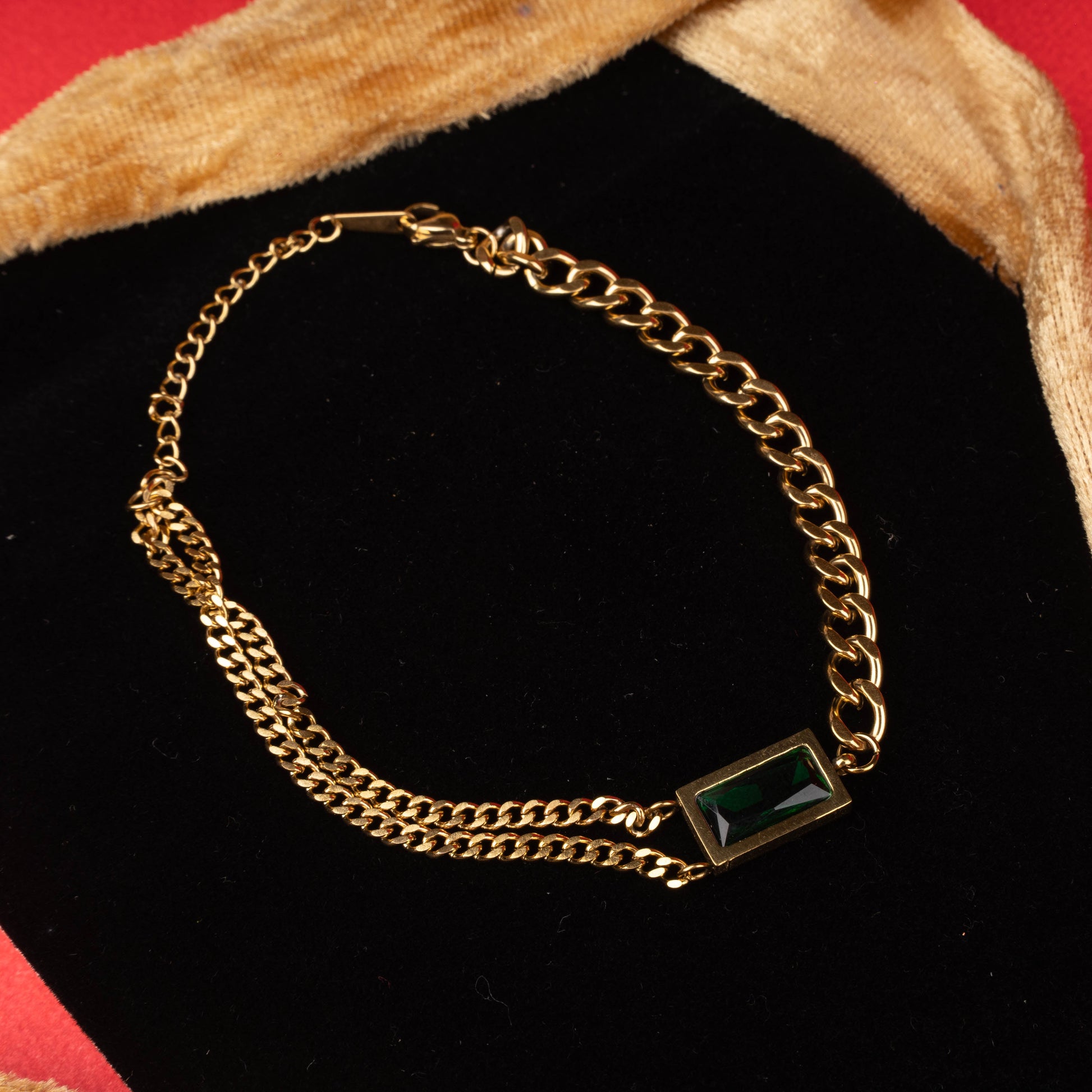 Golden color dual chain bracelet with rectangular green stone zoomed view – Revaaj