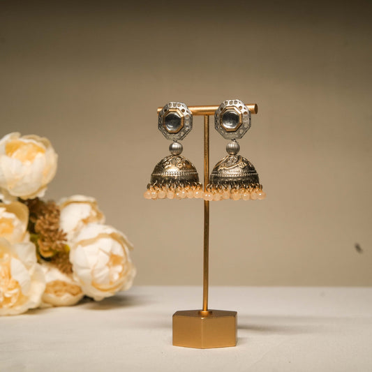 Antique Silver Dome Jhumkas with Peach Beads