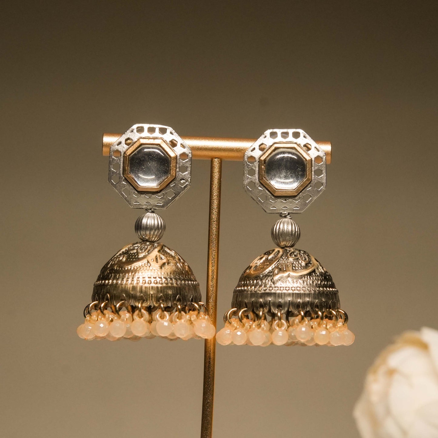 Antique Silver Dome Jhumkas with Peach Beads