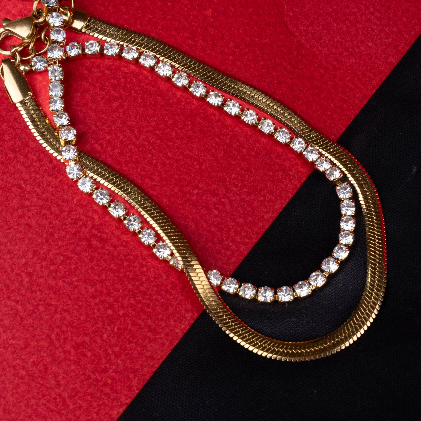 Dual layer sparkling bracelet with sleek chain and crystal stones third view- Revaaj