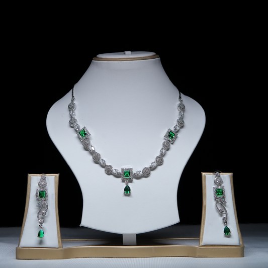 Revaaj Emerald and Cubic Zirconia Necklace and Earring Set displayed on a white mannequin.