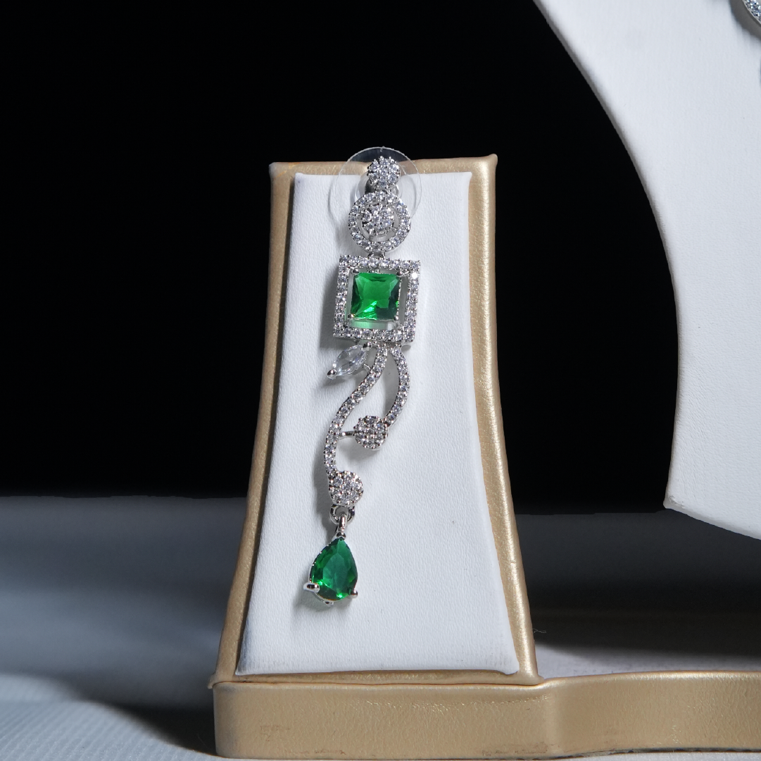 Emerald-Green Square Stone Necklace Set with CZ Details