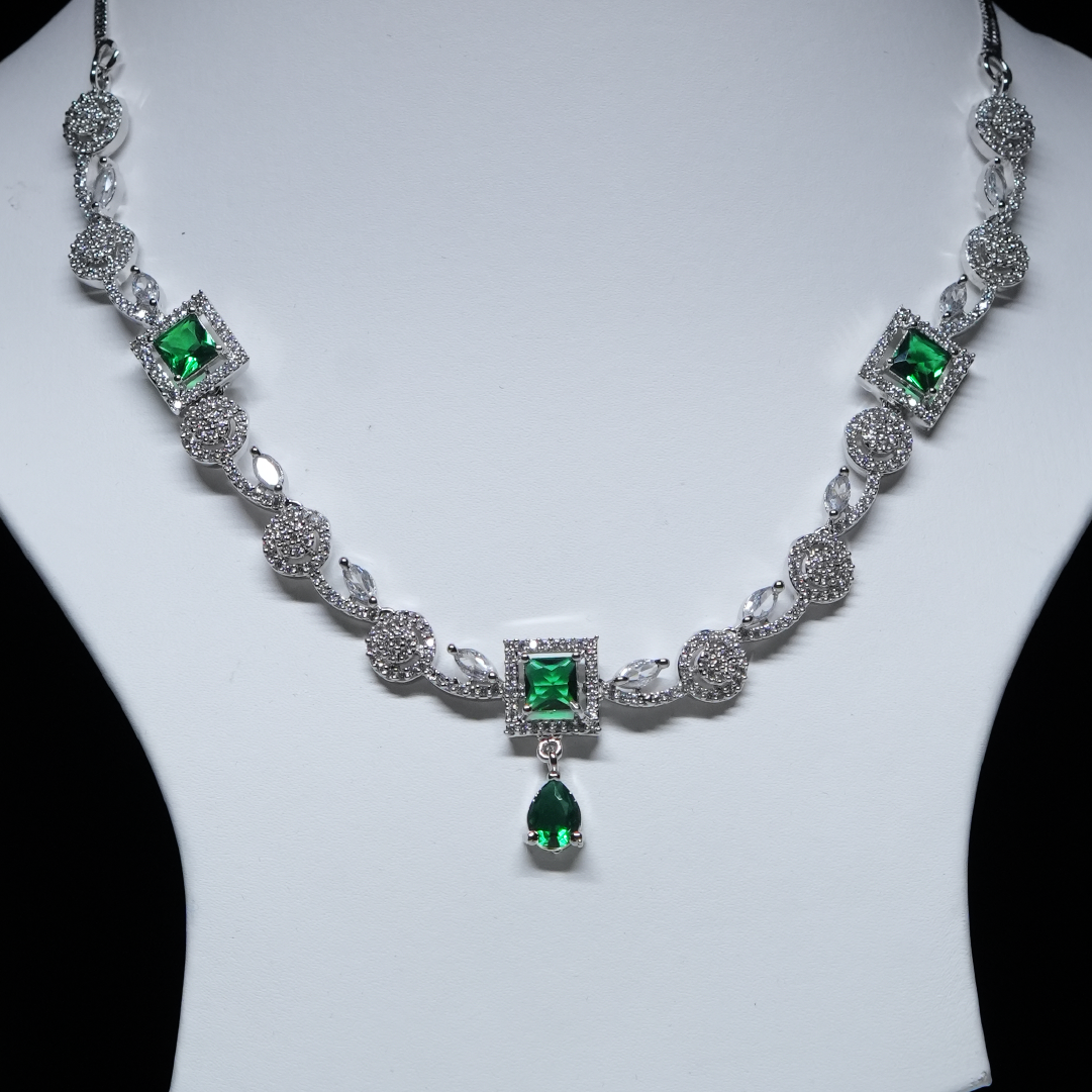 Emerald-Green Square Stone Necklace Set with CZ Details