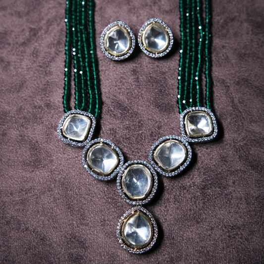 Revaaj Kundan Necklace Set with Green Beads and Matching Earrings