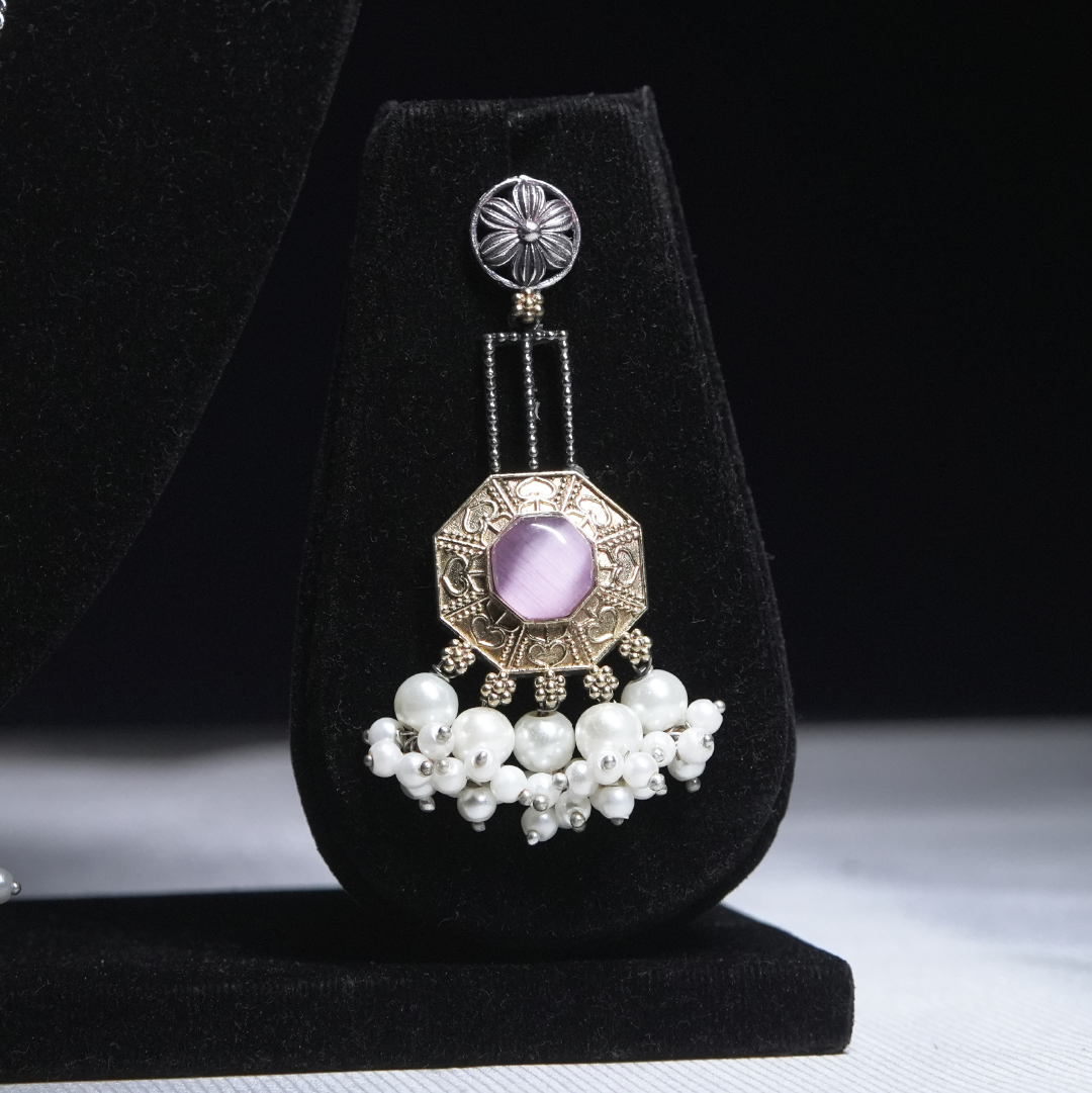 Heritage Lavender Monalisa Stone Necklace Set with Pearl Drops