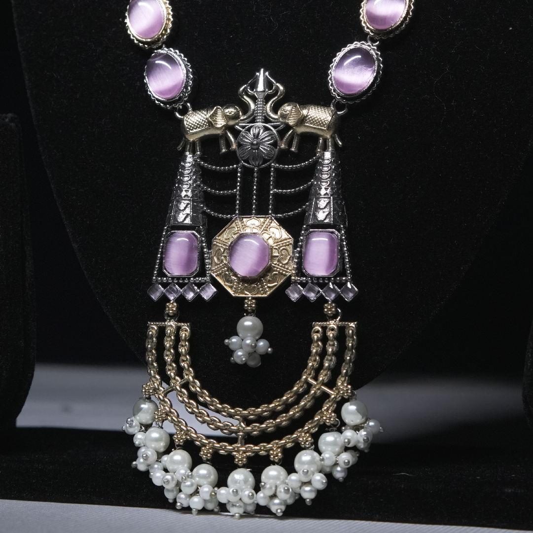 Heritage Lavender Monalisa Stone Necklace Set with Pearl Drops