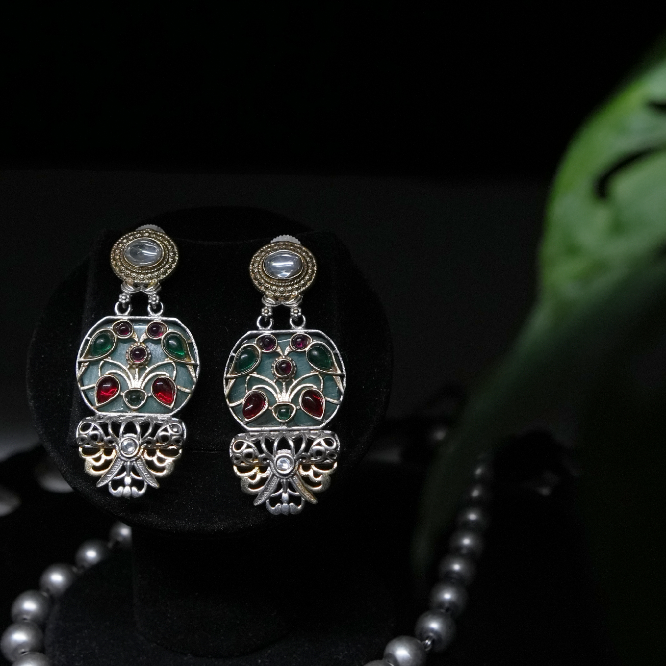 Oxidized Silver Replica Necklace Set with Traditional Inlay Work
