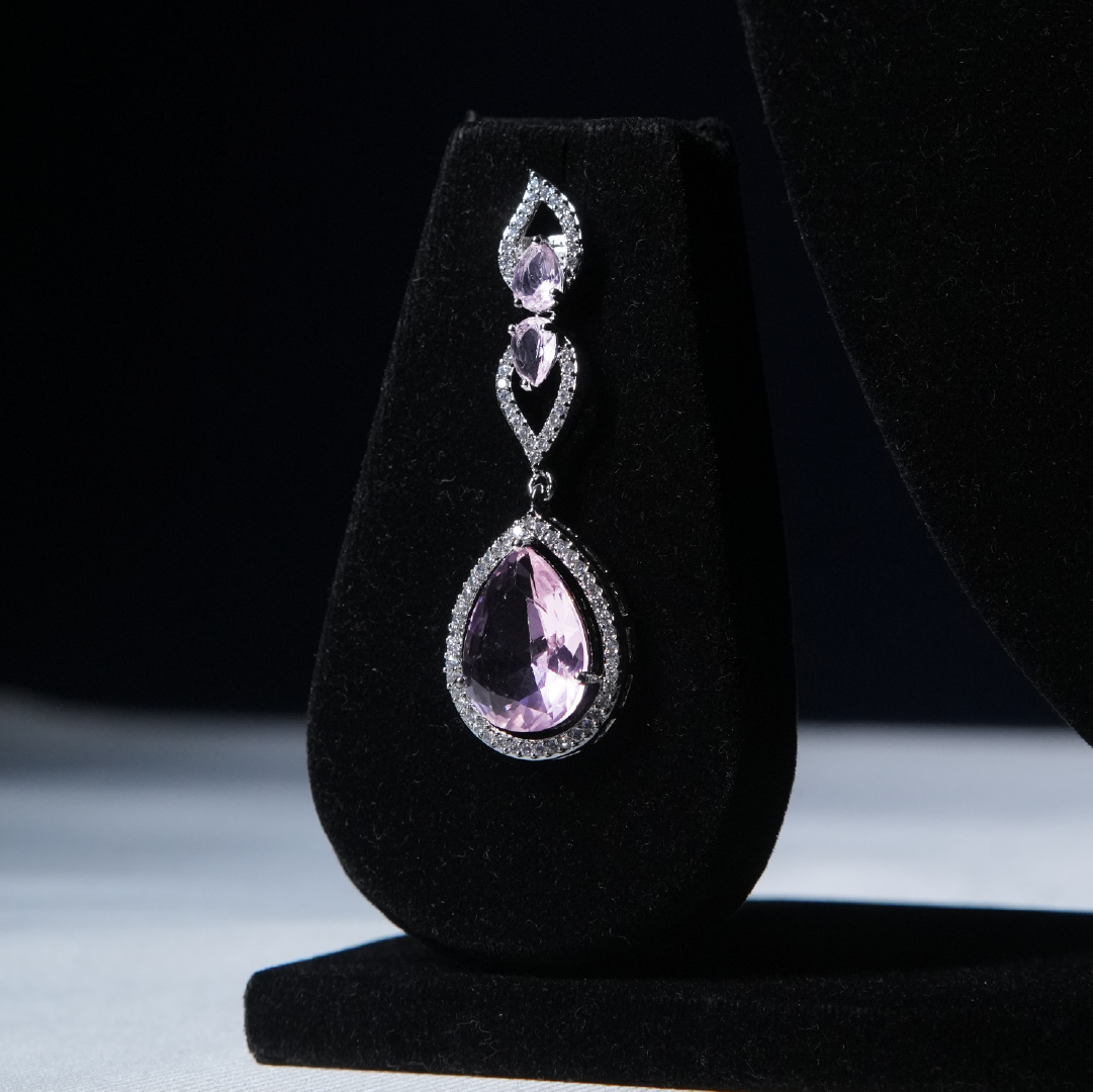 Pink Amethyst-Colored Teardrop Necklace Set with CZ Sparkle