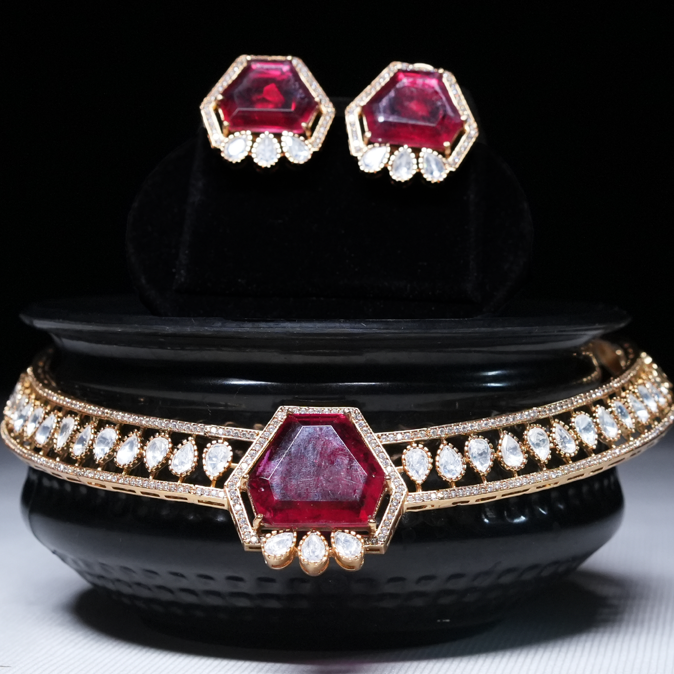 Red Ruby and White Zirconia Choker Necklace Set