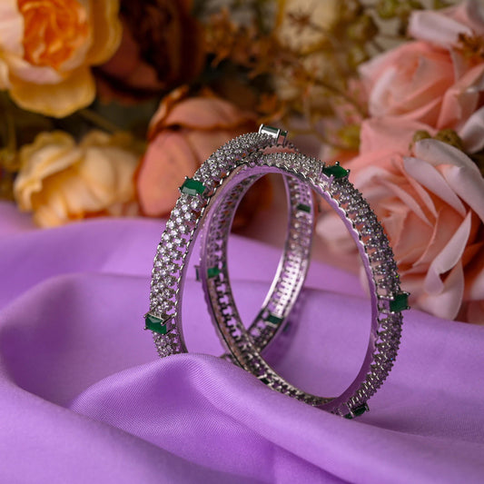 Silver-Plated Zirconia and Emerald Green Bangles