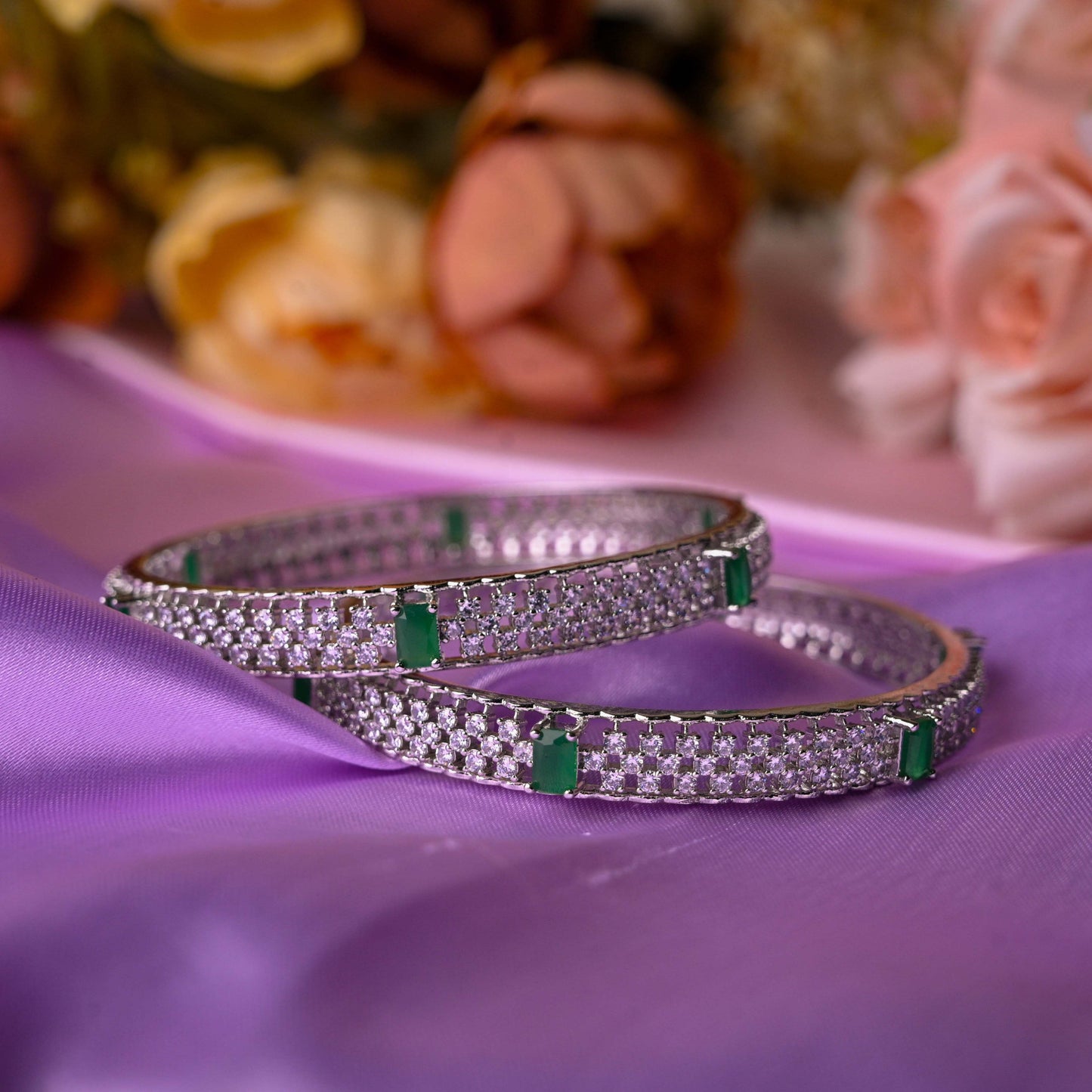 Silver-Plated Zirconia and Emerald Green Bangles