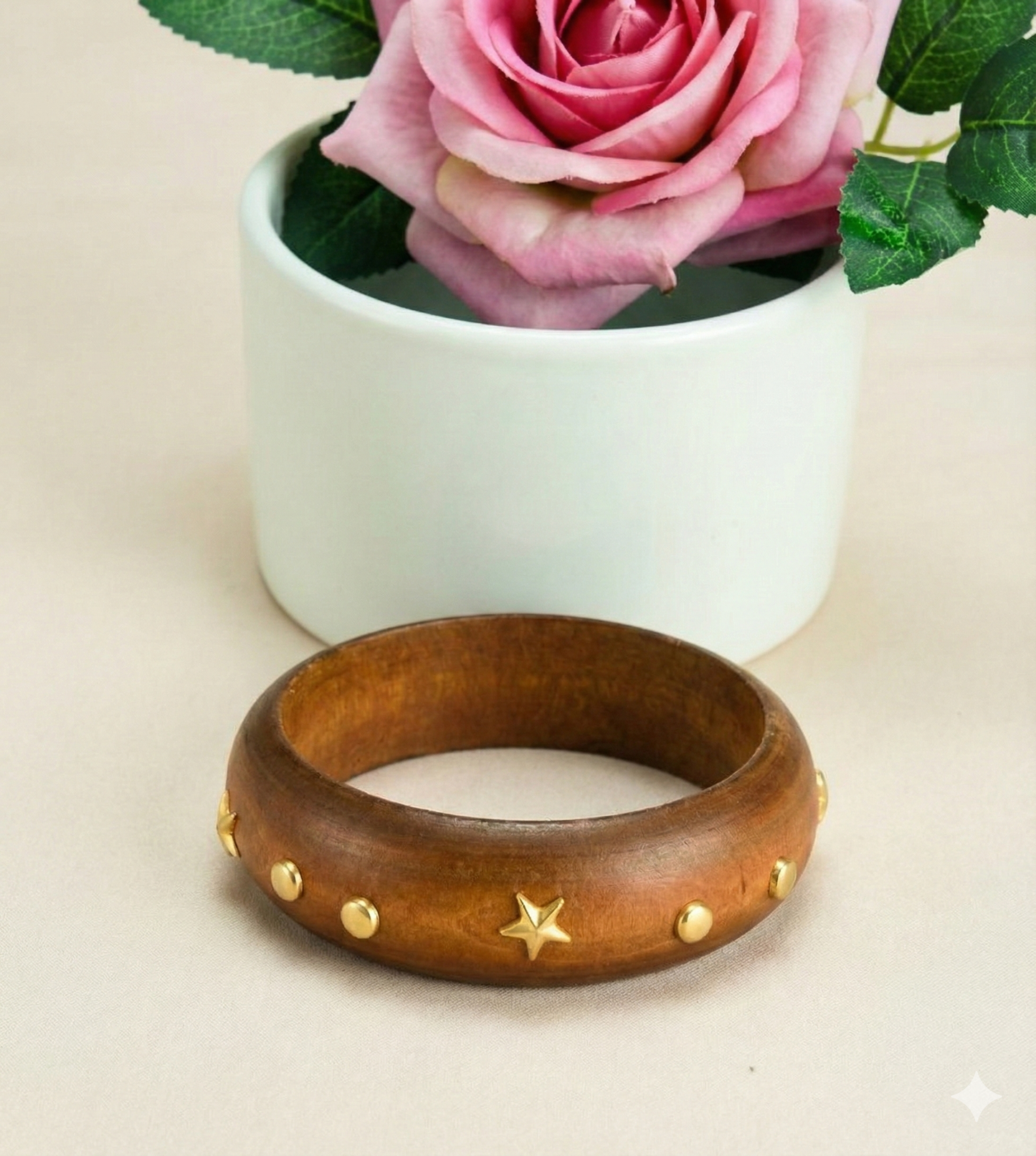 Handcrafted Wooden Bangle with Gold-Tone Star & Stud Accents