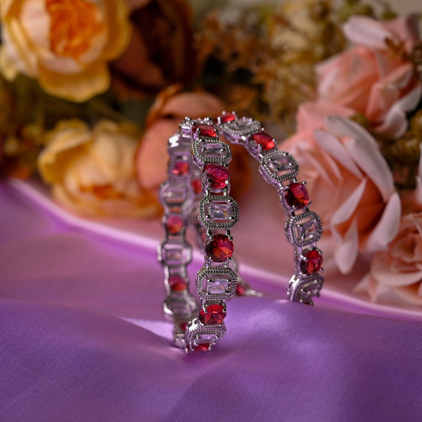 Dazzling Silver-Plated Ruby and Diamond-Cut Bangles