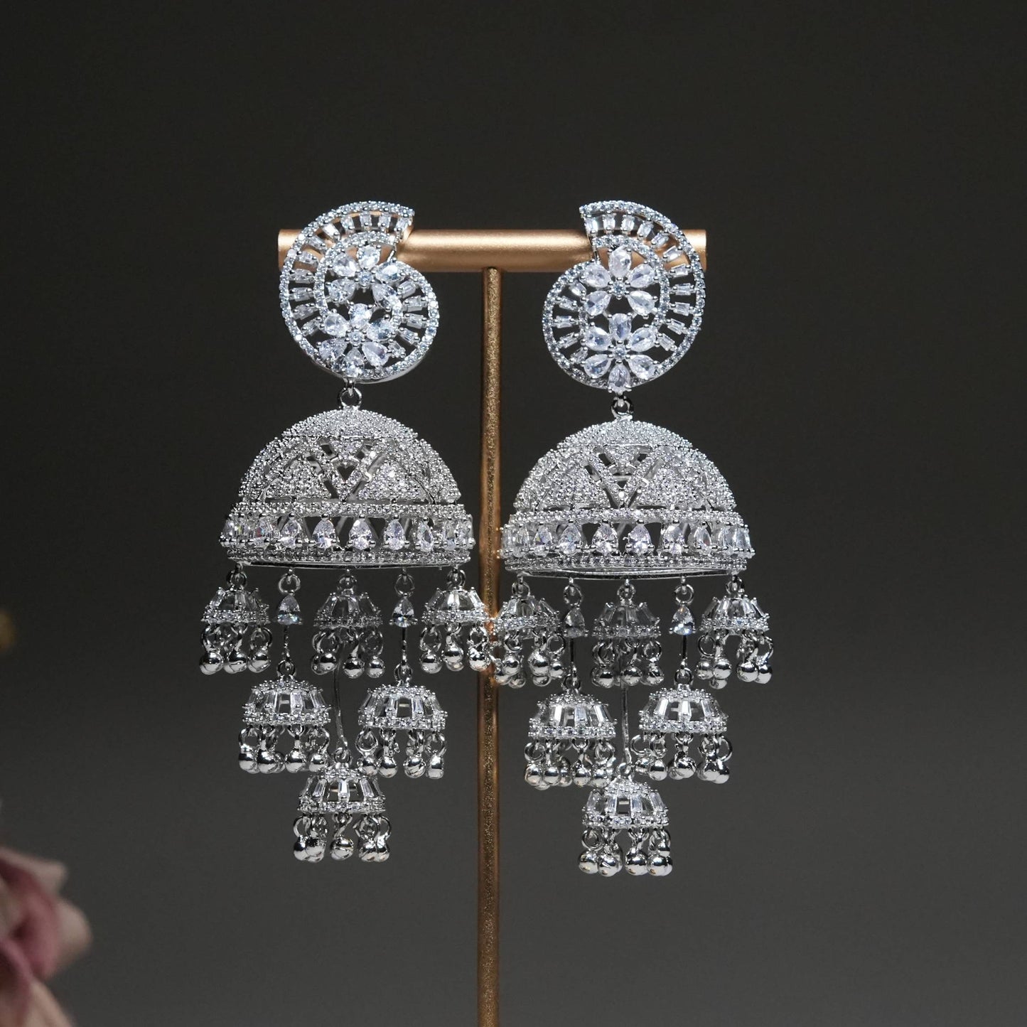 Sterling Silver Plated Jhumka Earrings with Intricate CZ Detailing