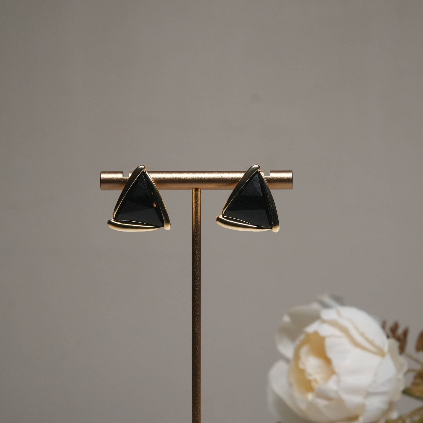 Minimalist Black Triangle Stud Earrings in Gold Finish